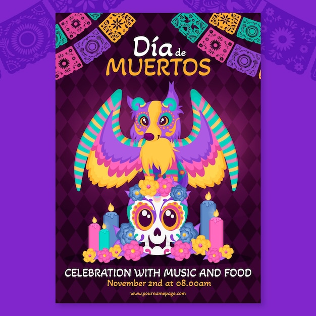 Free vector hand drawn flat dia de muertos vertical poster template