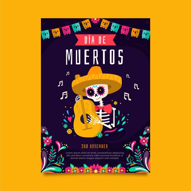 hand drawn flat dia de muertos vertical poster template