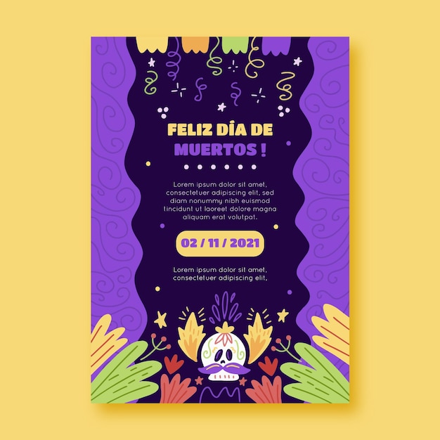 Hand drawn flat dia de muertos vertical poster template