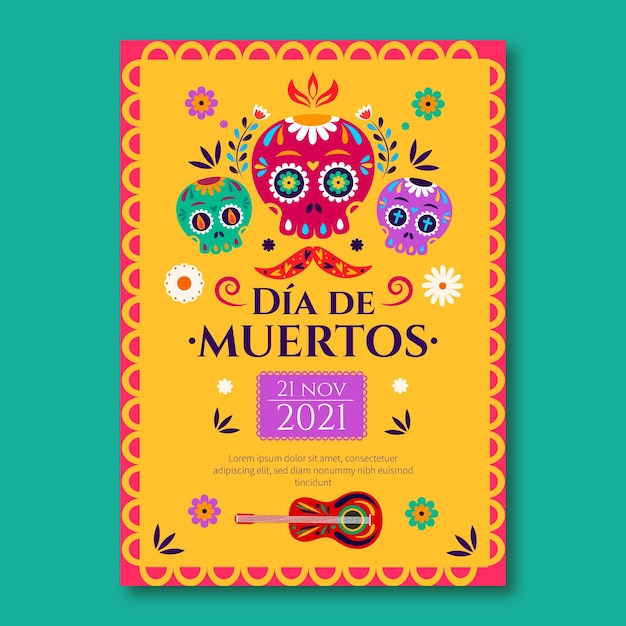 手描きのフラットdiademuertos垂直ポスターテンプレート