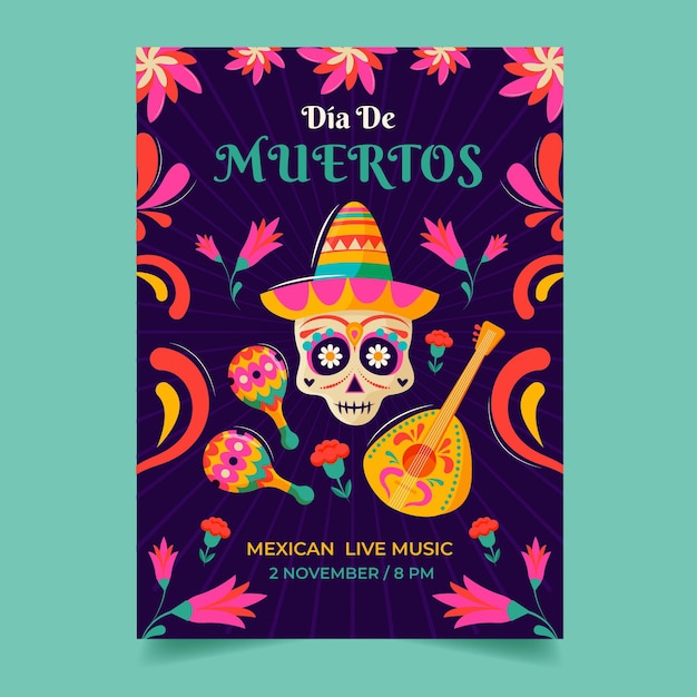 Vettore gratuito modello di poster verticale piatto dia de muertos disegnato a mano