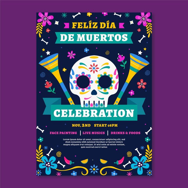 Ручной обращается плоский шаблон вертикального плаката dia de muertos