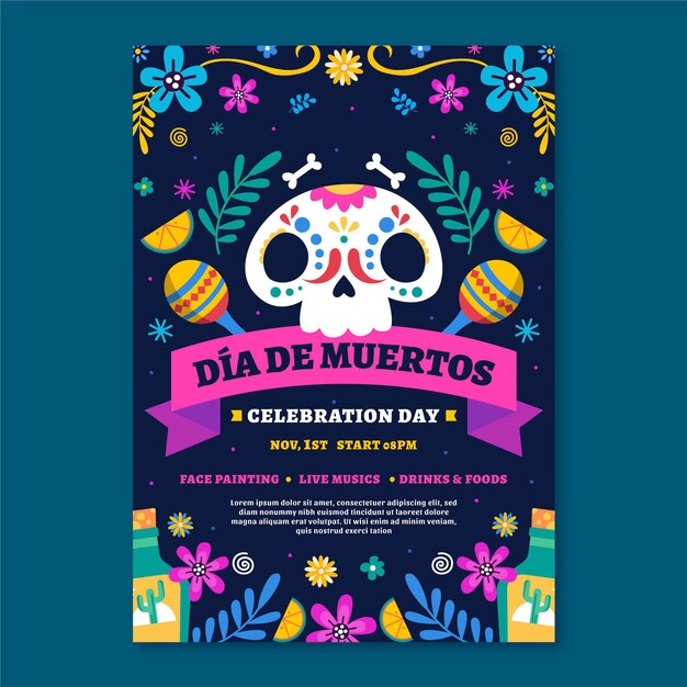 Ручной обращается плоский шаблон вертикального плаката dia de muertos