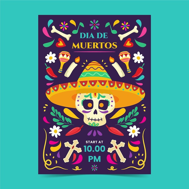 Hand drawn flat dia de muertos vertical poster template