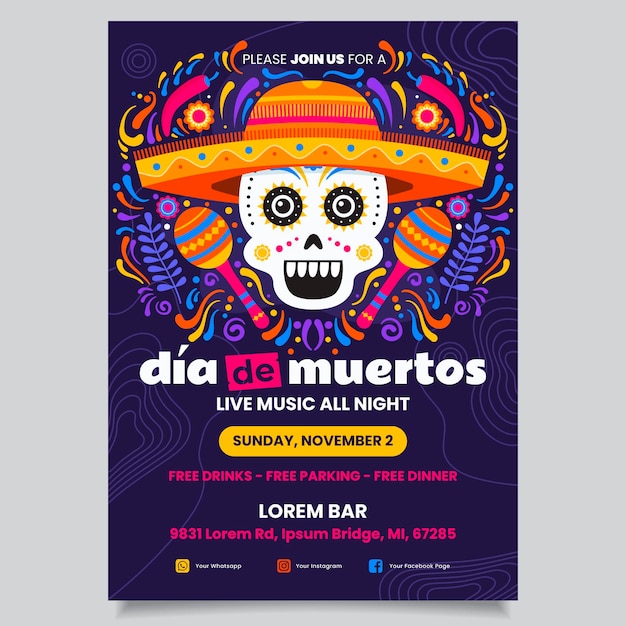 Hand drawn flat dia de muertos vertical poster template