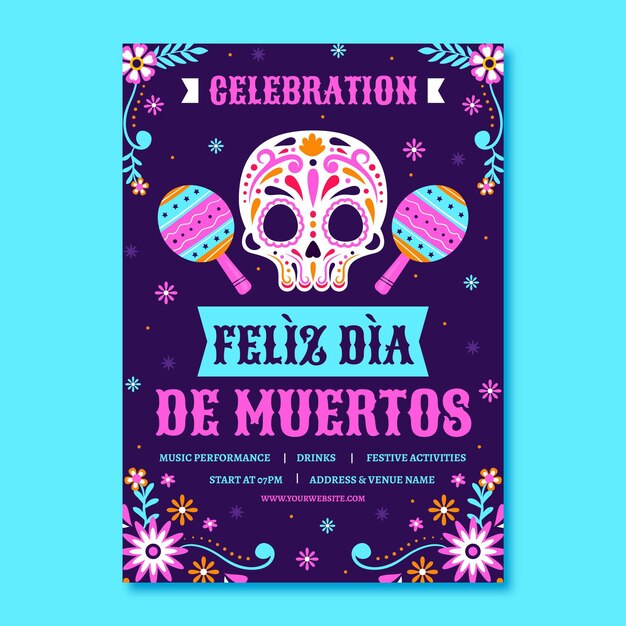 Hand drawn flat dia de muertos vertical poster template