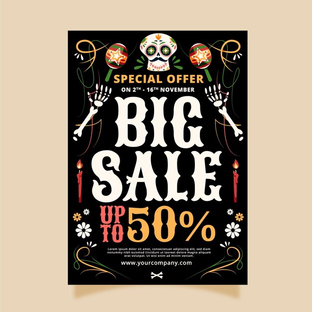 Hand drawn flat dia de muertos vertical sale poster template