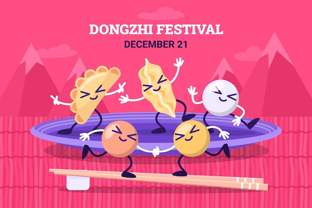 Vettore gratuito fondo piatto disegnato a mano del festival di dongzhi con cibo