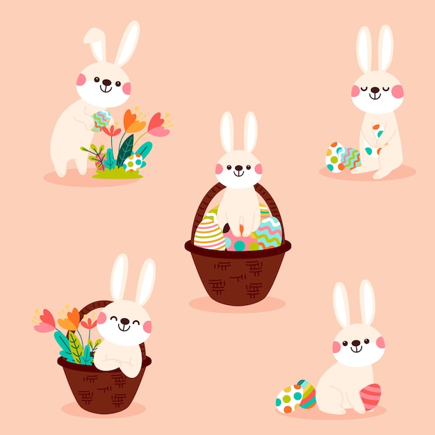 Hand drawn flat easter bunny collection