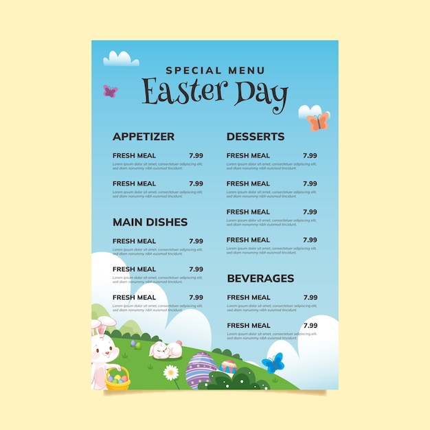 Vettore gratuito menu/brunch di pasqua piatto disegnato a mano