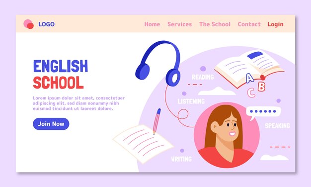 Hand drawn flat english school landing page