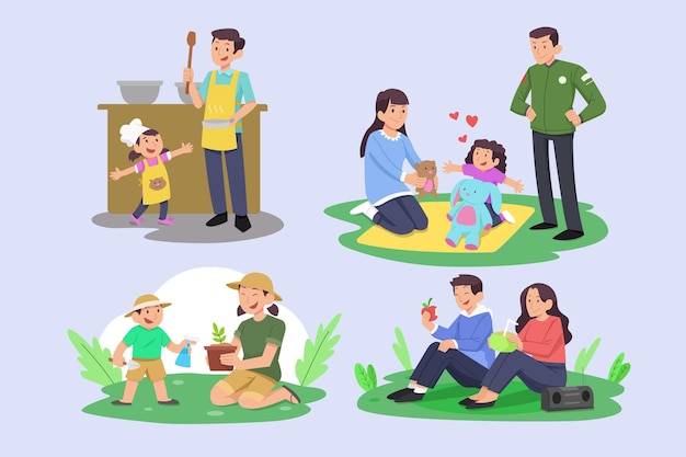 Free vector hand drawn flat family scene set