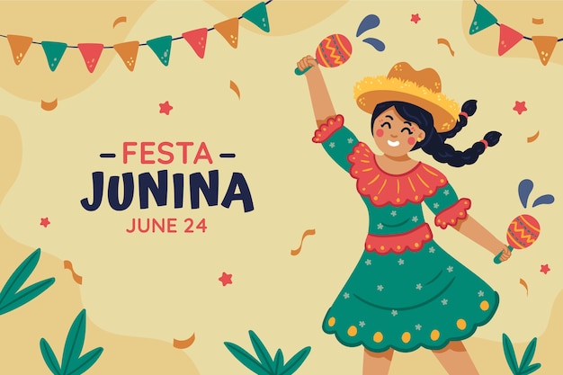 Vettore gratuito fondo piatto festas juninas disegnato a mano