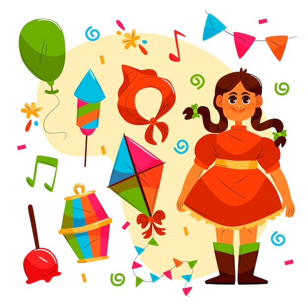 Бесплатное векторное изображение Коллекция рисованных плоских персонажей и элементов festas juninas