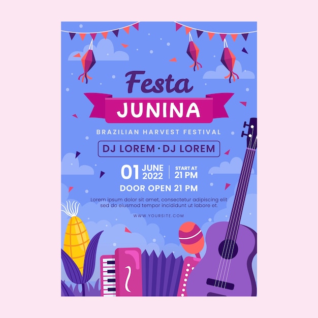 Vettore gratuito poster o volantino piatto festas juninas disegnato a mano