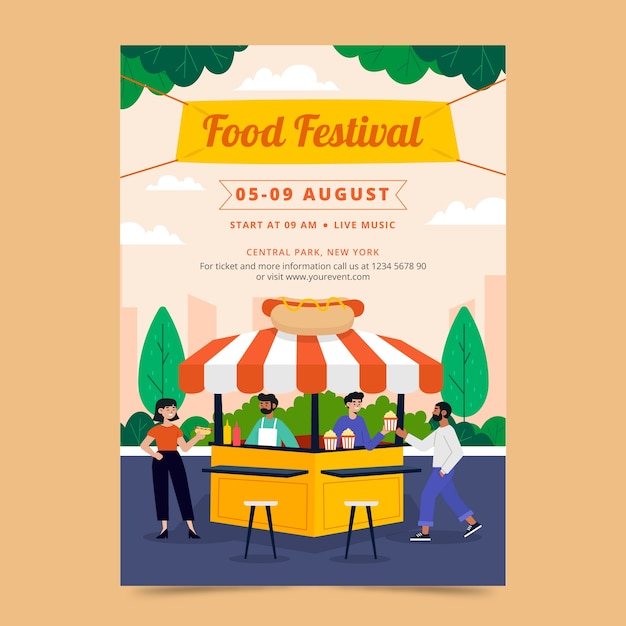 Нарисованный рукой шаблон плаката фестиваля плоской еды