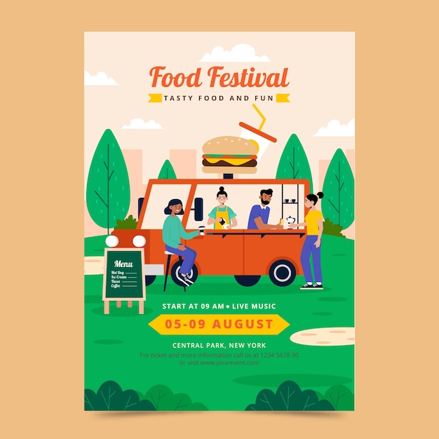 Hand drawn flat food festival poster template