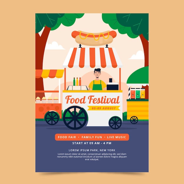 Vettore gratuito modello di poster del festival del cibo piatto disegnato a mano