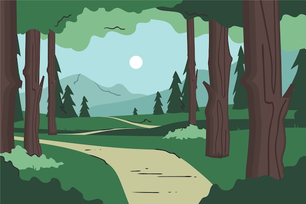 Бесплатное векторное изображение Ручной обращается плоский лесной пейзаж