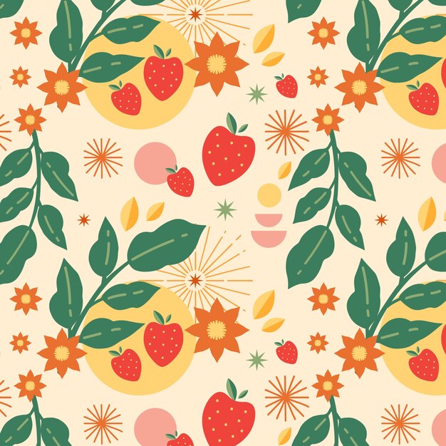 Hand drawn flat fruit and floral pattern