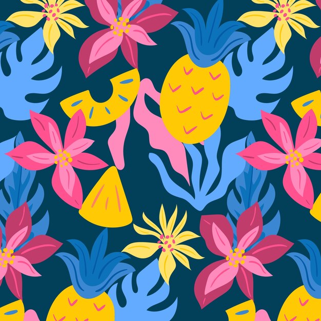 Hand drawn flat fruit and floral pattern