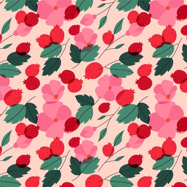 Hand drawn flat fruit and floral pattern