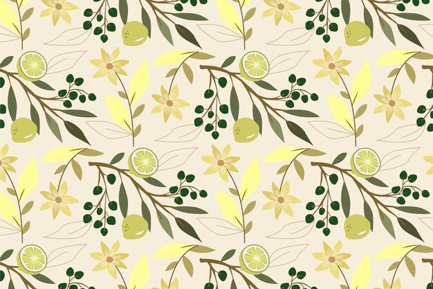 Hand drawn flat fruit and floral pattern