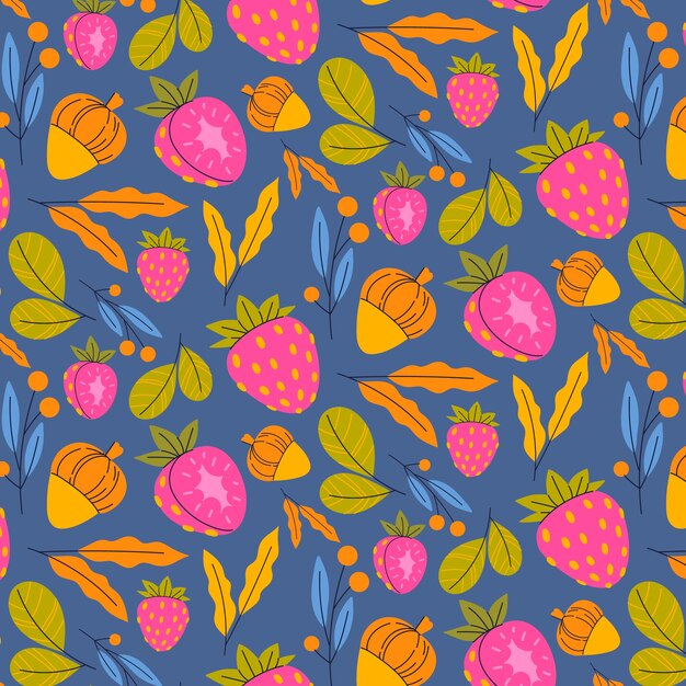 Hand drawn flat fruit and floral pattern