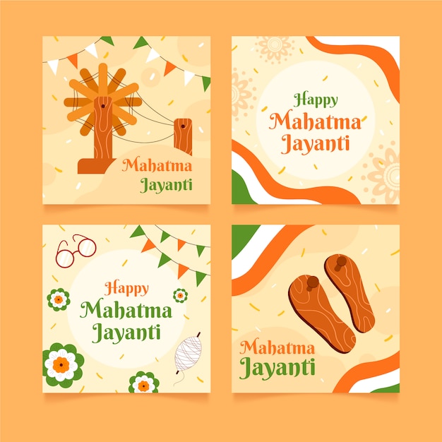 Free vector hand drawn flat gandhi jayanti instagram posts collection