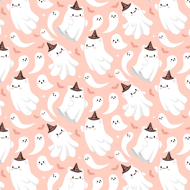 Hand drawn flat ghost halloween pattern