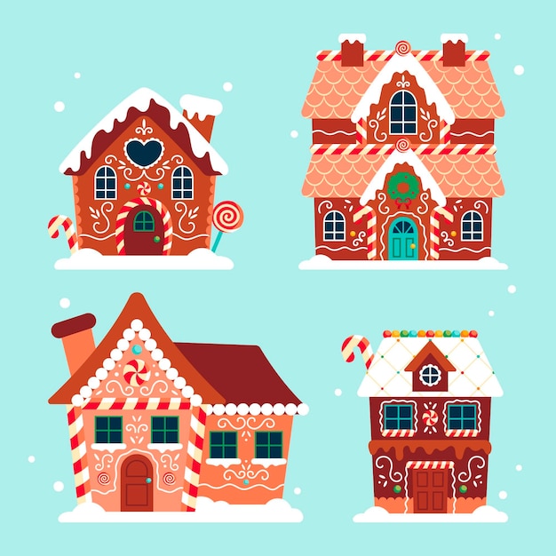 Hand drawn flat gingerbread houses collection