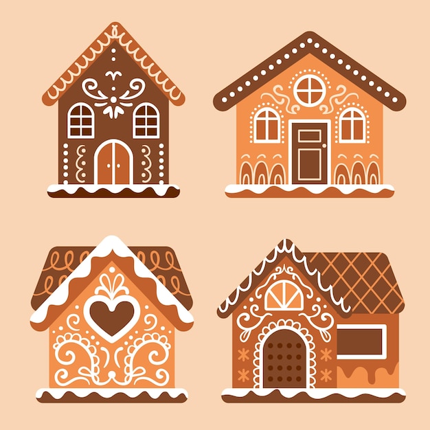 Бесплатное векторное изображение Коллекция рисованной плоских пряничных домиков