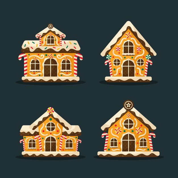 Hand drawn flat gingerbread houses collection