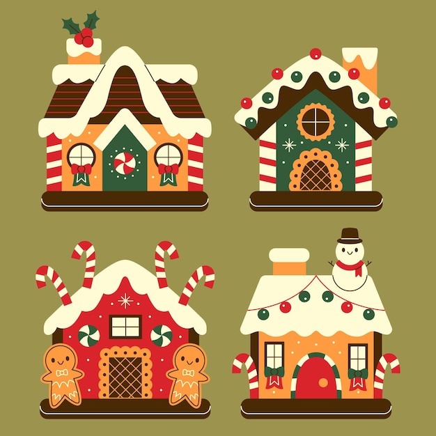 Free vector hand drawn flat gingerbread houses collection