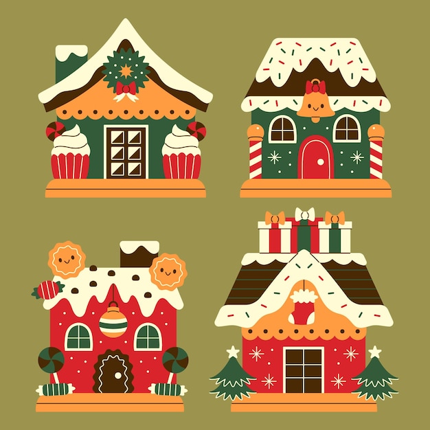Hand drawn flat gingerbread houses collection