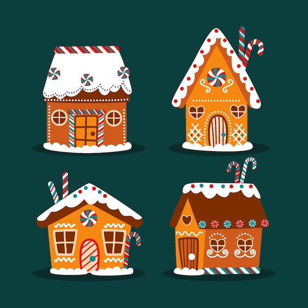 Free vector hand drawn flat gingerbread houses collection