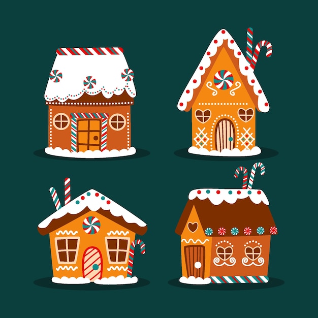 Hand drawn flat gingerbread houses collection
