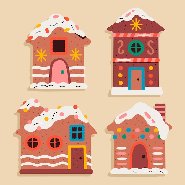 Free vector hand drawn flat gingerbread houses collection