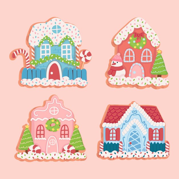 Hand drawn flat gingerbread houses collection