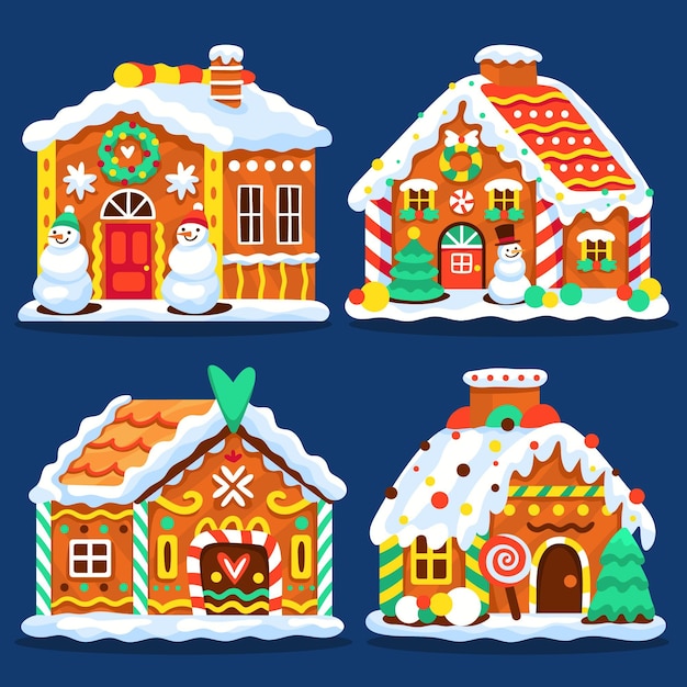 Hand drawn flat gingerbread houses collection