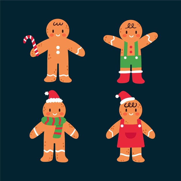 Hand drawn flat gingerbread man cookies collection