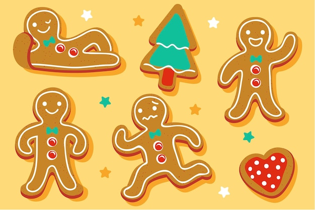 Hand drawn flat gingerbread man cookies collection