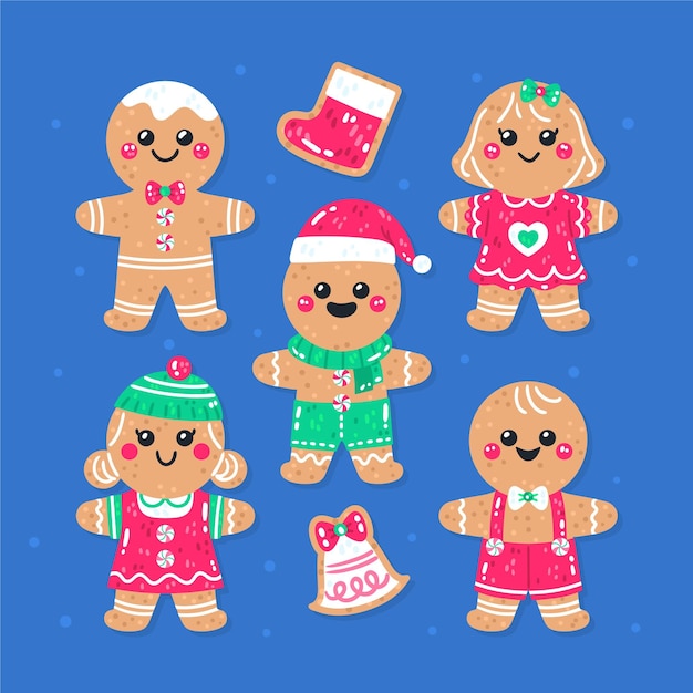 Hand drawn flat gingerbread man cookies collection