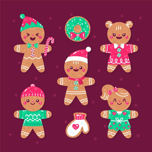 Hand drawn flat gingerbread man cookies collection