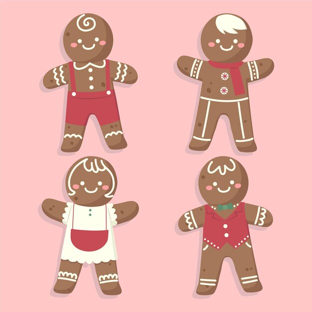 Hand drawn flat gingerbread men cookie collection