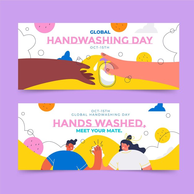 Набор рисованной плоский глобальный день мытья рук горизонтальные баннеры