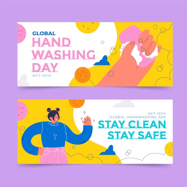 Hand drawn flat global handwashing day horizontal banners set