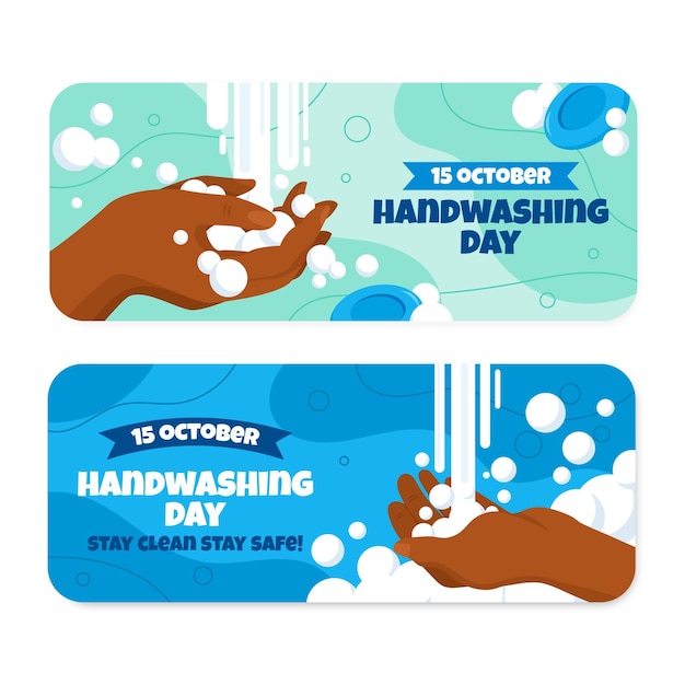 Vettore gratuito set di insegne orizzontali piatte disegnate a mano per la giornata mondiale del lavaggio delle mani