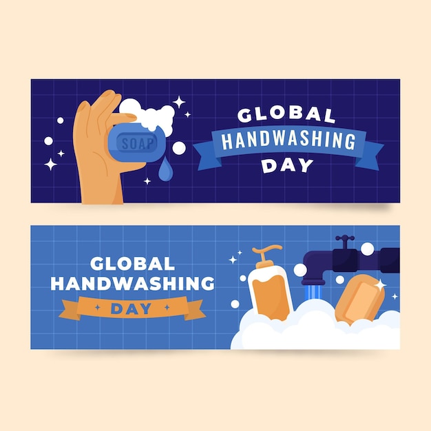 hand drawn flat global handwashing day horizontal banners set