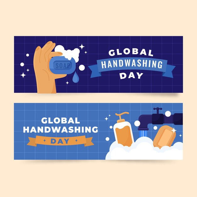 Hand drawn flat global handwashing day horizontal banners set